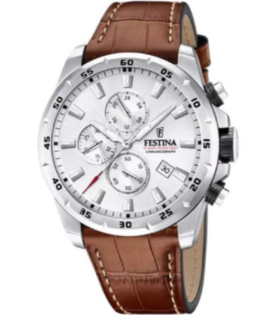 Reloj Hombre Crono Esfera Plateada Correa Marrón FESTINA - F20692/1