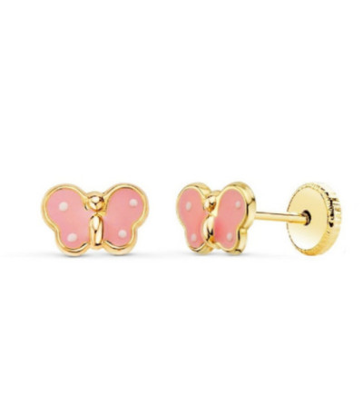 Pendientes Oro 18K Mariposa Esmalte Rosa Claro con Cierre de Tornillo - 420