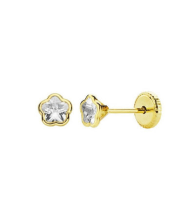 Pendientes Oro 18K Flor Circonita 4mm Cierre Tornillo - 233-4