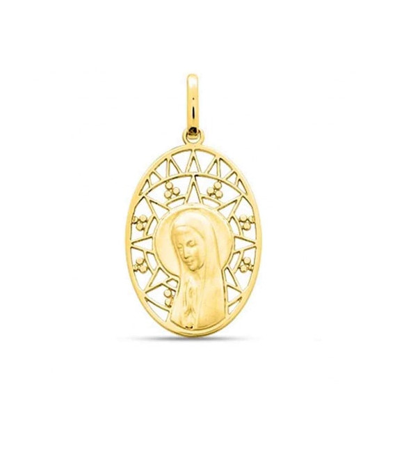 Medalla oval con aureola en oro 18K de Virgen del Amor - 20867